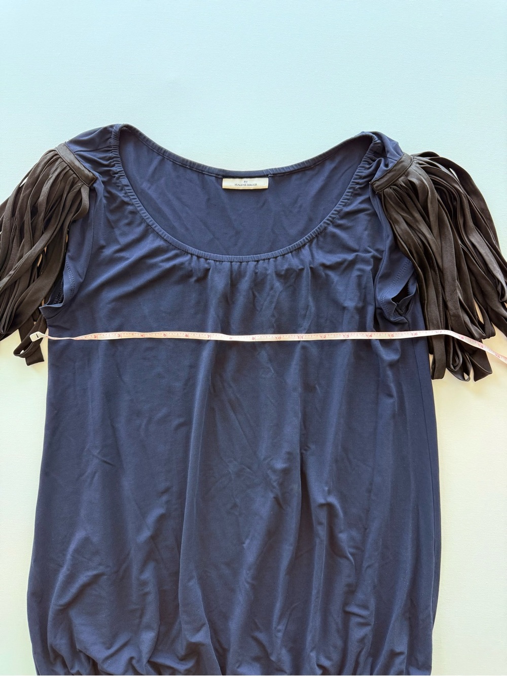 By Malene Birger Navy Top with Black Fringe Sleeves Size S